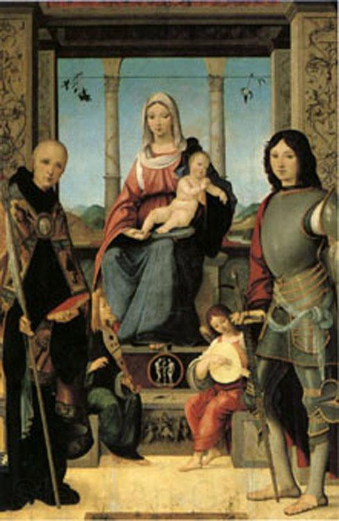 Francesco Marmitta The Virgin and Child with Saints Benedict and Quentin and Two Angels (mk05) Norge oil painting art